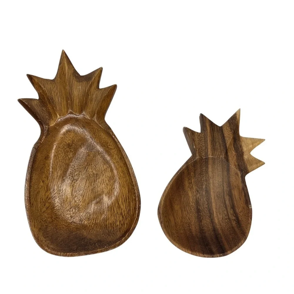 Hawaiian Hand Carved Acacia Wood Pineapple Shaped Trinket Dish Spoon Rest Set